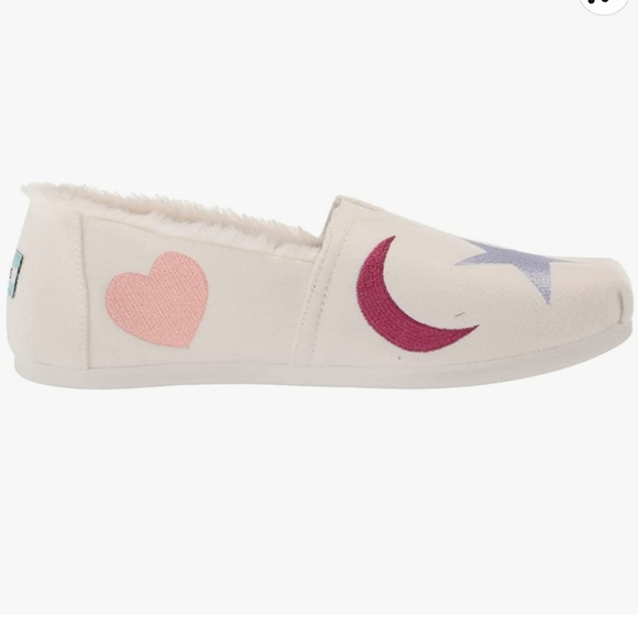 👣TOM'S 🌱ALPARGATA Paper Source Embroidered Hearts Moon Stars Sherpa Espadrille - Picture 2 of 12